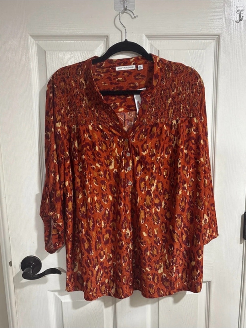 Notations Rust Multi-Print Smocked Yoke Blouse